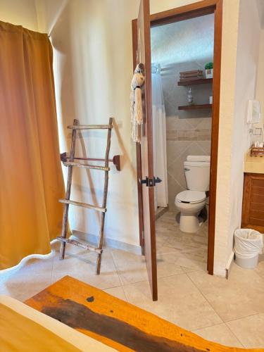 a bathroom being remodeled with a ladder and a toilet at Suites Valentina in Puerto Morelos