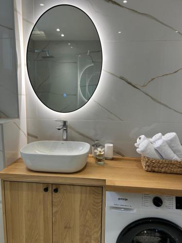 a bathroom with a sink and a mirror and a washing machine at Apartman Mona in Teslić