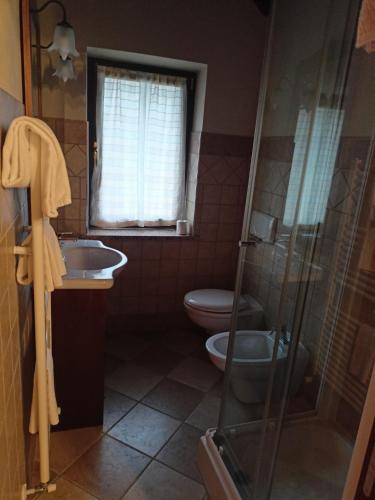 a bathroom with a toilet and a sink and a shower at Orchidea Selvatica B&B in Levice