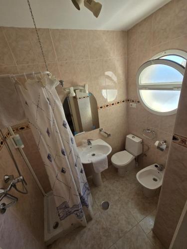 a bathroom with a sink and a toilet and a mirror at Hotel Betania in Benalmádena