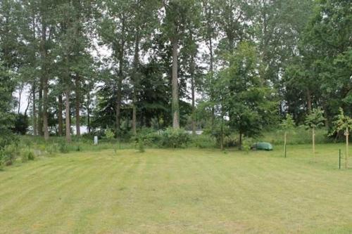 a large grass field with trees and a green tent at Ferienhaus zum Krakower See in Krakow am See