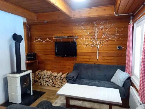 un soggiorno con divano e un albero appeso al muro di Chatky u potoka chatka n3 a Olešnice v Orlických horách