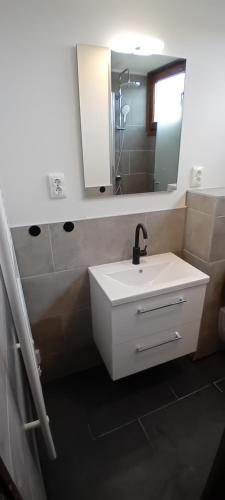 W łazience znajduje się biała umywalka i lustro. w obiekcie Feriendorf Freilingen 151 A w mieście Blankenheim