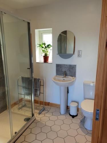 a bathroom with a sink and a toilet and a mirror at Bayview 1-Bed Cottage in Isle of Lewis in Bragor