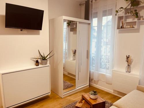 ein Wohnzimmer mit einem TV und einem Spiegel in der Unterkunft Mignon petit studio 16m2 in Les Lilas