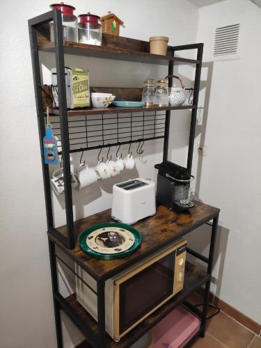 - une étagère avec un grille-pain et un four micro-ondes dans l'établissement Studio Gite Mondragon (Vaucluse), à Mondragon