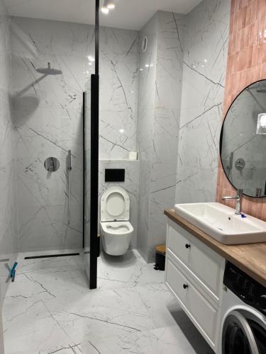 een badkamer met een douche, een toilet en een wastafel bij Apartament na Starówce in Elblag