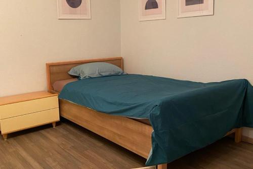 a bedroom with a bed with a blue blanket on it at Private Room with own bathroom in Hannover