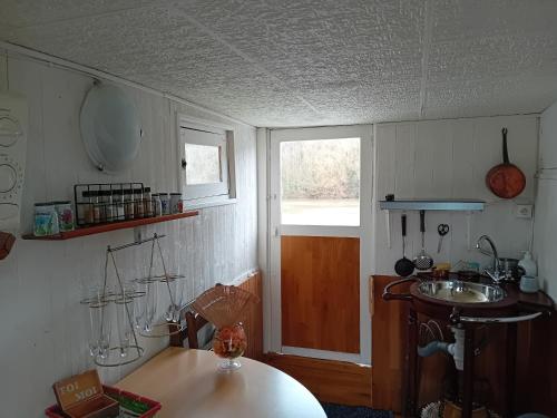 une petite cuisine avec un évier et une fenêtre dans l'établissement APPART sur l'EAU SPA Proche PARIS, à Maurecourt