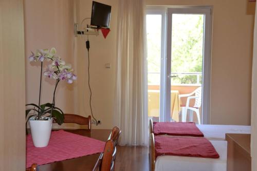 una sala de estar con una mesa con una planta en Apartments Kodzoman, en Brodarica