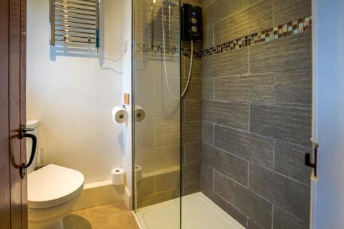 a bathroom with a toilet and a glass shower at Cosy cottage in rural Ludlow, Seifton View Cottage Culmington in Culmington