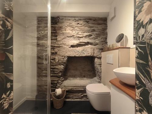 a bathroom with a stone wall behind a toilet at petite maison am Mühlenberg in Monschau