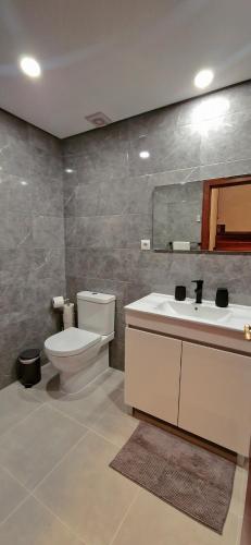 a bathroom with a toilet and a sink and a mirror at Casa Rodrigues in Pinhão