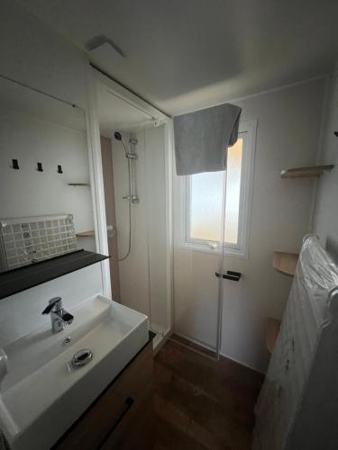 une salle de bain avec un lavabo, une douche et un miroir dans l'établissement MOBILHOME N 902 Trigano Amira 2023, à Canet