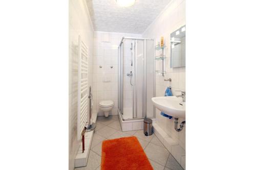 a bathroom with a shower and a toilet and a sink at Haus Waterkant in Breege