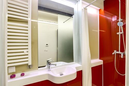 une salle de bain avec un lavabo et un miroir dans l'établissement LOKORA REIMS, à Reims