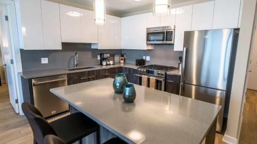 a kitchen with stainless steel appliances and a counter top at Luxury Apartment Downtown in Stamford