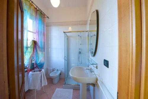 een badkamer met een wastafel, een douche en een toilet bij Historic and quiet house in the Langhe&Monferrato in Portacomaro