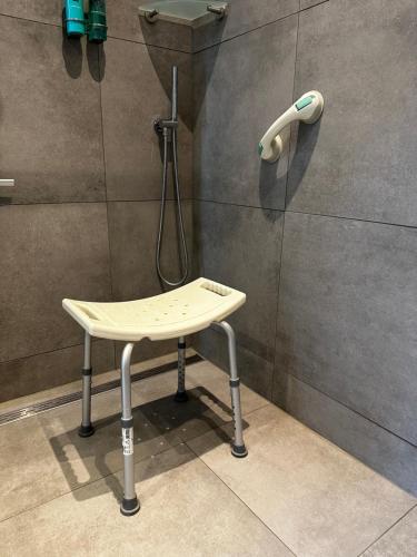 a shower with a stool in a bathroom at B&B Borgersteeg in Neede