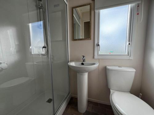 a bathroom with a toilet and a sink and a shower at Lovely 6 Berth Caravan At Cherry Tree Holiday Park, Ref 70403c in Great Yarmouth