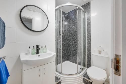een badkamer met een douche, een toilet en een wastafel bij 2 Bedroom Apartment for up to 6 Nr Centre in Cardiff