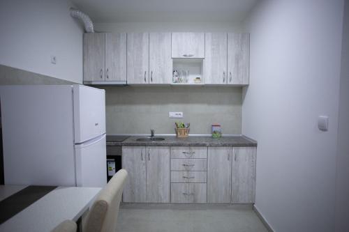 a kitchen with wooden cabinets and a white refrigerator at Stan na dan Ub in Ub