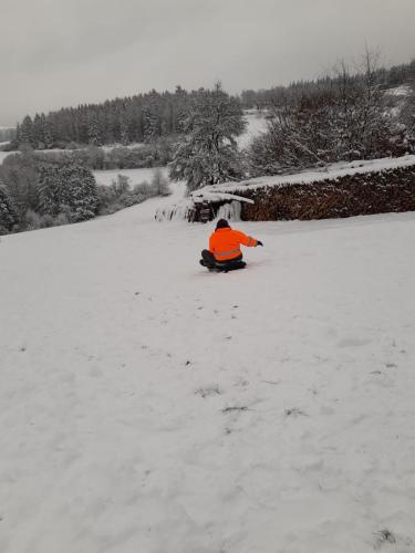 a person riding a snowmobile down a snow covered slope at Ferienwohnung Breuer in Plittersdorf
