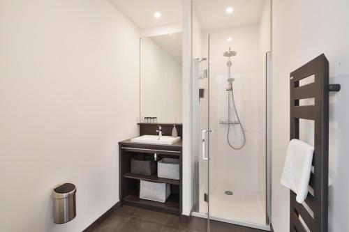 une salle de bain avec un lavabo et une douche dans l'établissement Le Terre Neuve - Grande plage du sillon, à Saint-Malo