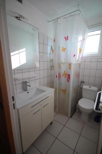 een badkamer met een wastafel en een toilet bij Appartement 2 pièces, au 1er étage pour 2 à 4 couchages, proche commerces et 200m plage de PORTIRAGNES PLAGE LXRH9 in Portiragnes