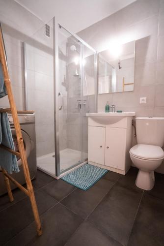 une salle de bain avec une douche, des toilettes et un lavabo dans l'établissement Bleu Azur, à Juan-les-Pins