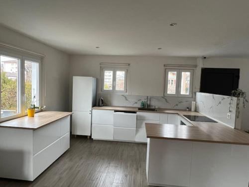 uma cozinha com armários brancos e um frigorífico branco em House Near EPFL/Unil/Renens Gare/Lausanne em Ecublens
