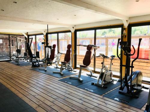 una palestra con file di battistrada e macchinari per il cardio-fitness di MOBIL HOME PLAGE DE PAMPELONNE SUR UN TRES BEL EMPLACEMENT SURPLOMBANT LA BAIE DE PAMPELONNE a Saint-Tropez