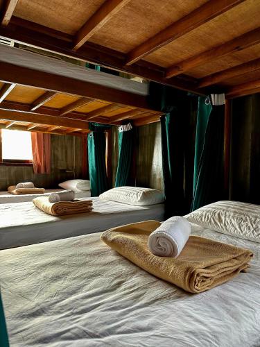 a group of beds with towels on top of them at El Lobo Hostel in General Luna