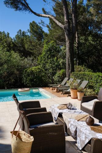 un patio avec une table et des chaises à côté d'une piscine dans l'établissement Le Répertoire - Maison Capucine, à Pernes-les-Fontaines