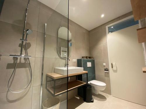 een badkamer met een douche, een wastafel en een toilet bij Wijde Blick XL aan Zee in Callantsoog