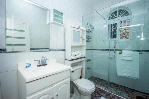 a bathroom with a toilet and a sink and a shower at Ocho Rios Ocean Front Luxury Studio Sky Castles 24 hrs sleeps 2 in Ocho Rios