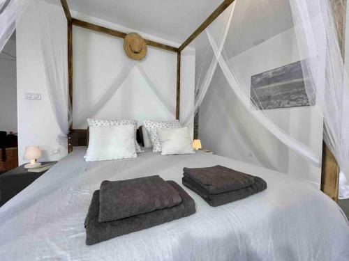 un lit blanc avec deux oreillers dessus dans l'établissement Villa confort piscine chauffée*/10KM CONTIS Plage, à Lit-et-Mixe