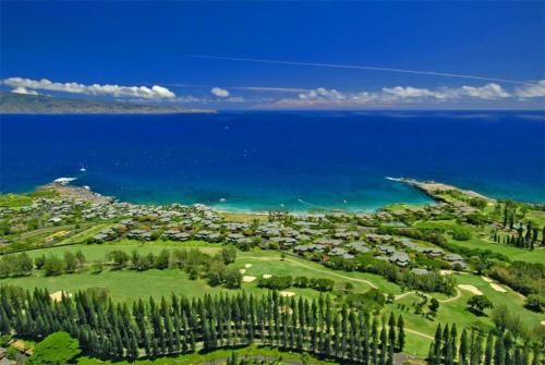 an aerial view of a golf course next to the ocean at 1915 Ridge in Kahana