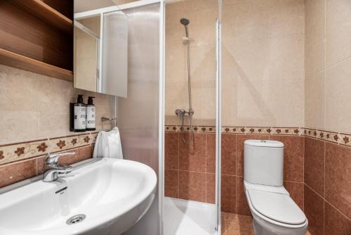 a bathroom with a toilet and a sink and a shower at Apartamentos El Cid in Burgos