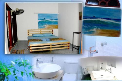 2 Bilder eines Badezimmers mit einem Bett und einem Waschbecken in der Unterkunft Mereiyans Village Villa in Ampara