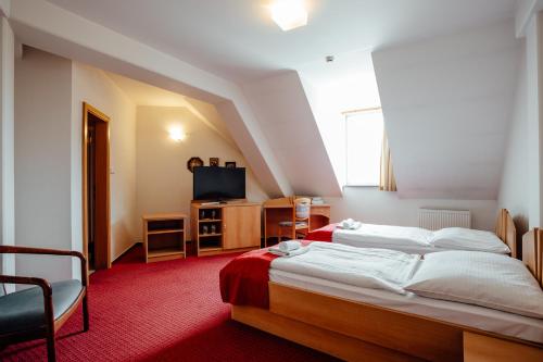 a hotel room with a bed and a television at Hotel pod Zámkom in Bojnice