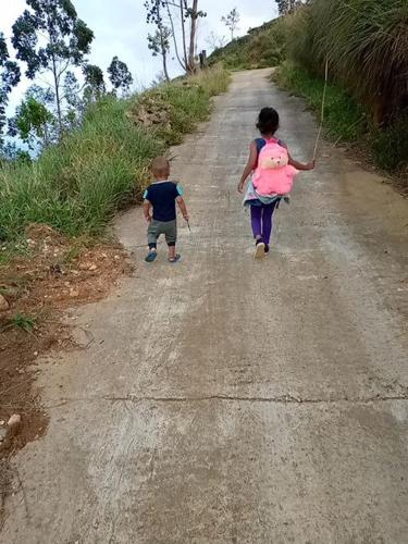 two children are walking down a dirt road at The bawa guest Inn in Haputale