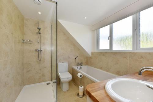 a bathroom with a shower and a toilet and a sink at Penthouse on the Harbour Pittenweem in Pittenweem