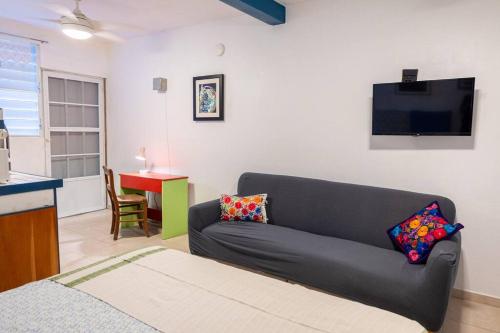 a living room with a couch and a tv at Studio 3 Anacaona with Garden access in Vieques