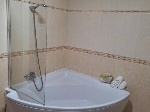 a bathroom with a tub with a glass shower door at Garden House in São Vicente Ferreira