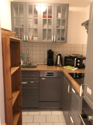 a kitchen with gray cabinets and a sink at Rosenalm App 23 in Scheidegg