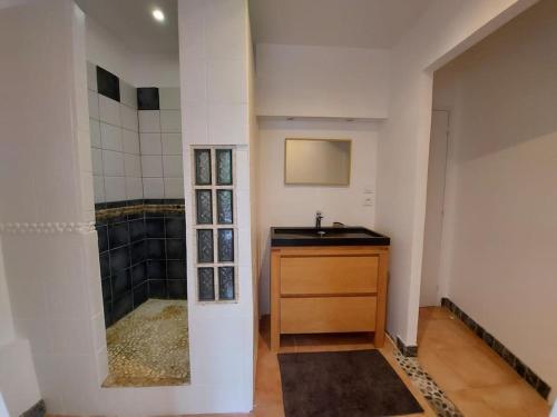 une salle de bain avec un lavabo et une douche dans l'établissement Appartement T3 près de la mer, à La Seyne-sur-Mer