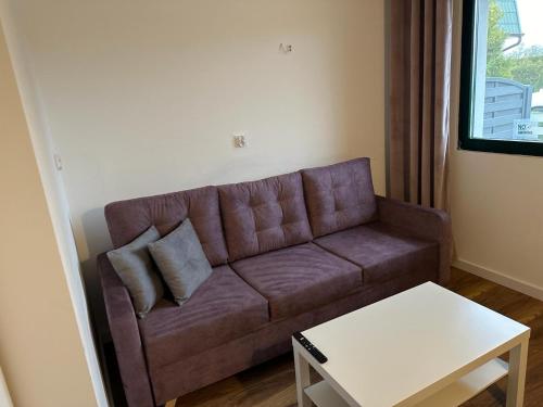 a living room with a brown couch and a table at Avila Park & SPA in Dziwnówek