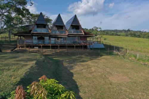 a large house with a roof on a field at Fundo Don Alfredo en Laguna Azul Sauce, Tarapoto-San Martín in Sauce