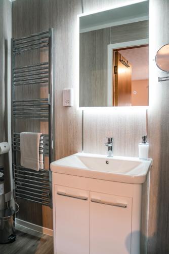 a bathroom with a white sink and a mirror at Eriskay B&B and Aviemore Glamping in Aviemore